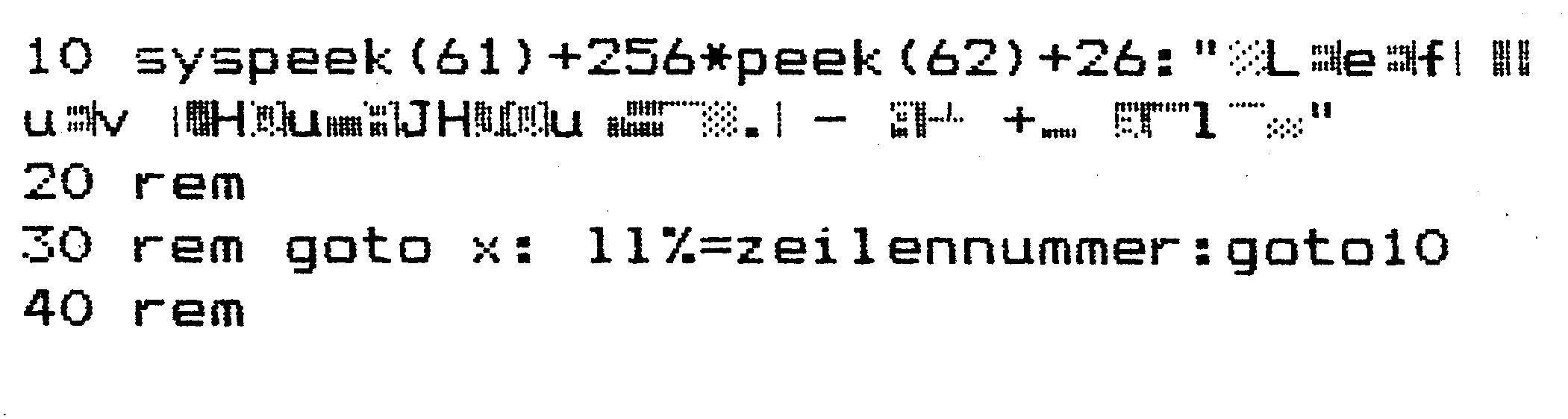 Basic-Listing mit den Zeilen 10 bis 40; Zeile 10 enthält zwischen Anführungszeichen eine Folge von Grafikzeichen
