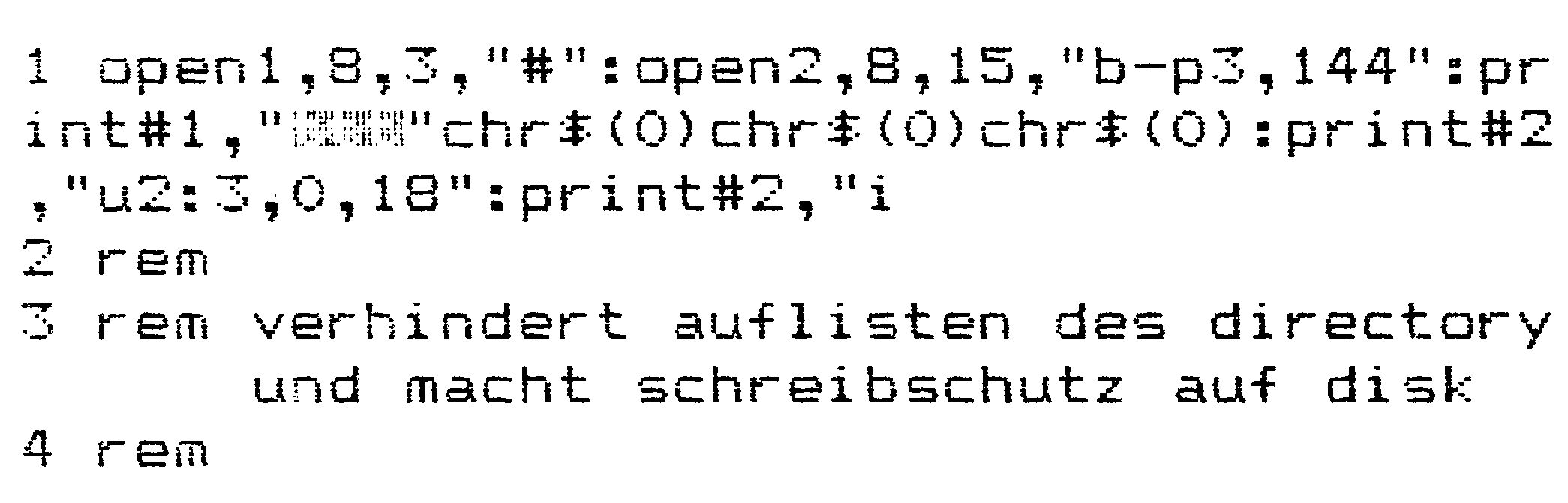 Basic-Listing mit den Zeilen 1 bis 4; in Zeile 1 stehen zwischen Anführungszeichen vier Grafikzeichen