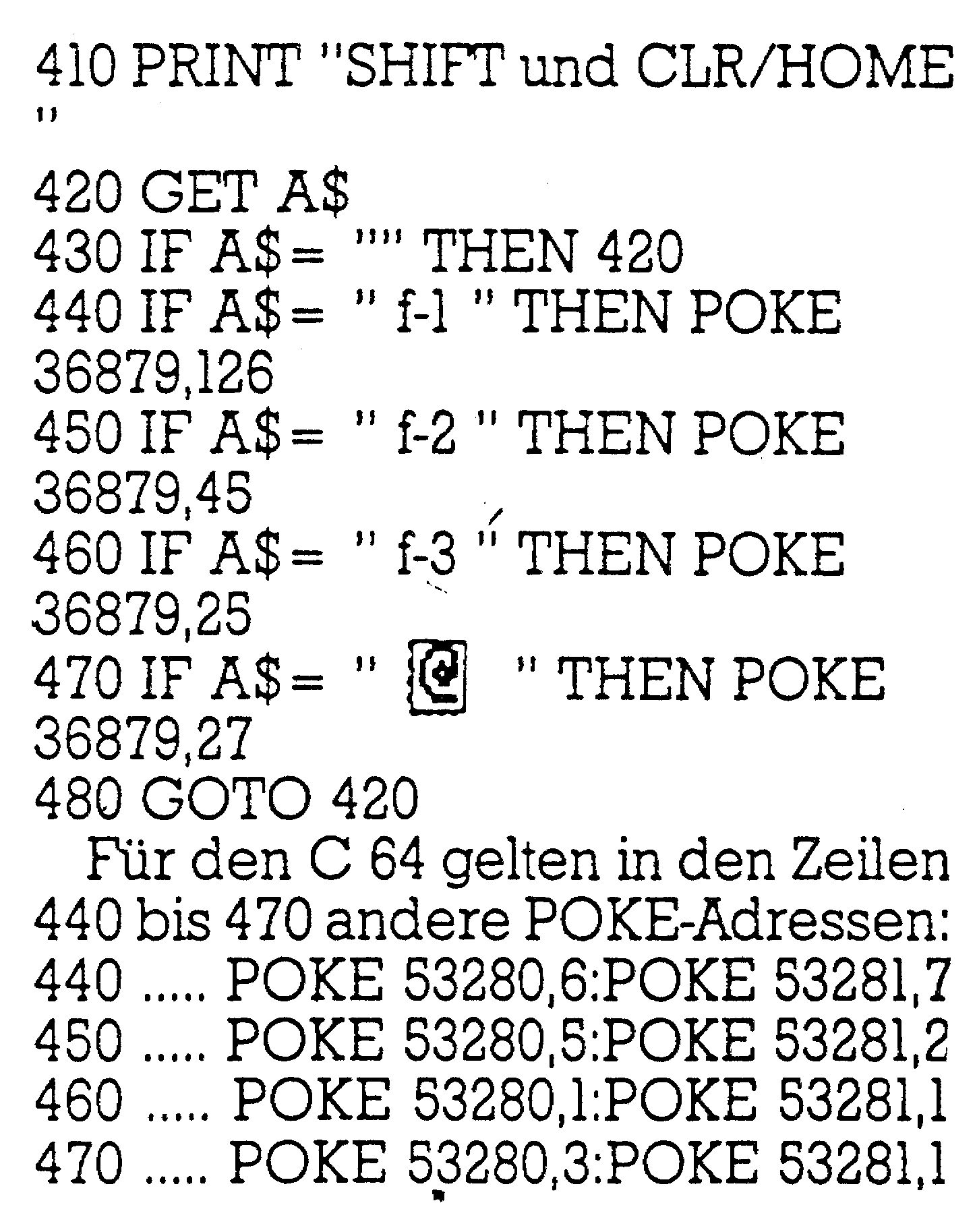Basic-Programmzeilen 410 bis 480 mit GET-Abfrage der Funktionstasten