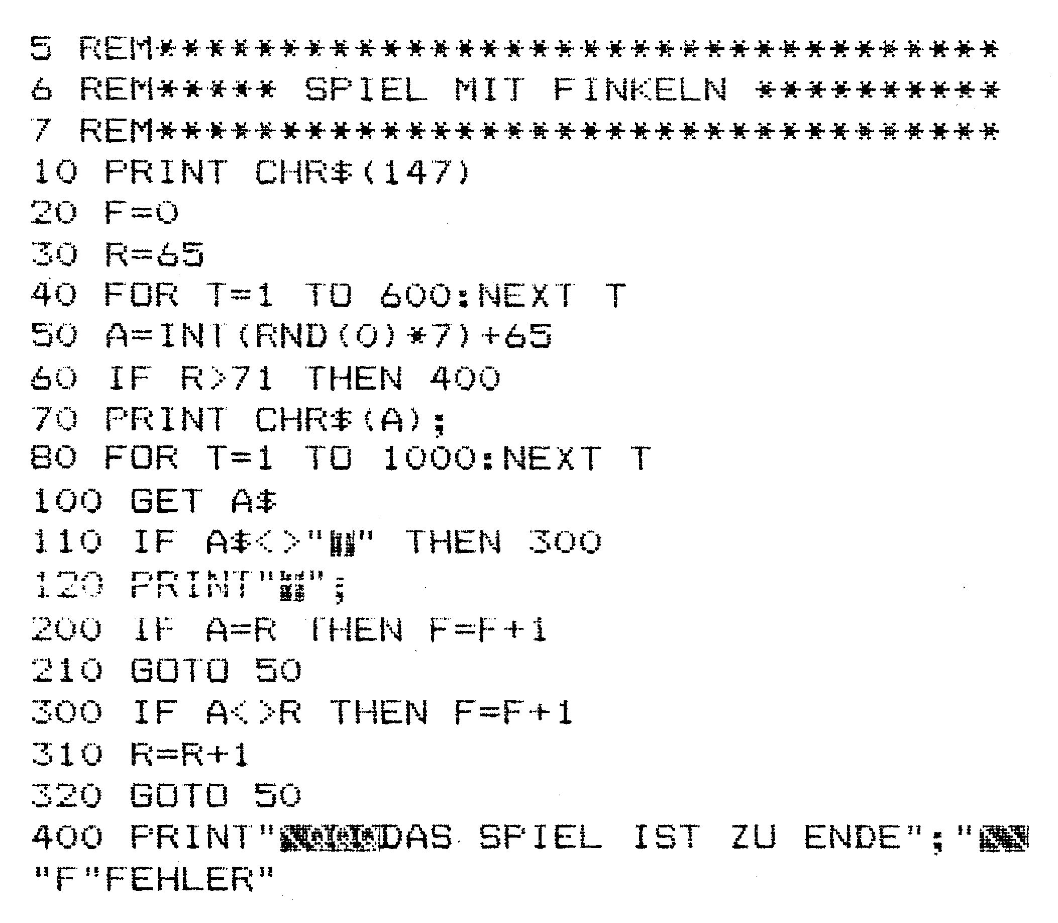 Basic-Listing »Spiel mit Finkeln« mit den Zeilen 5 bis 400