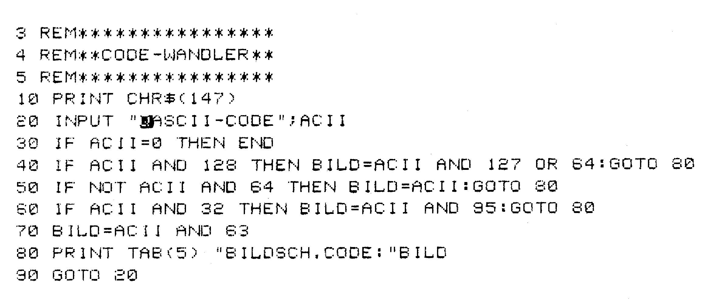 Basic-Listing des ASCII-Code-Wandlers mit den Zeilen 3 bis 90