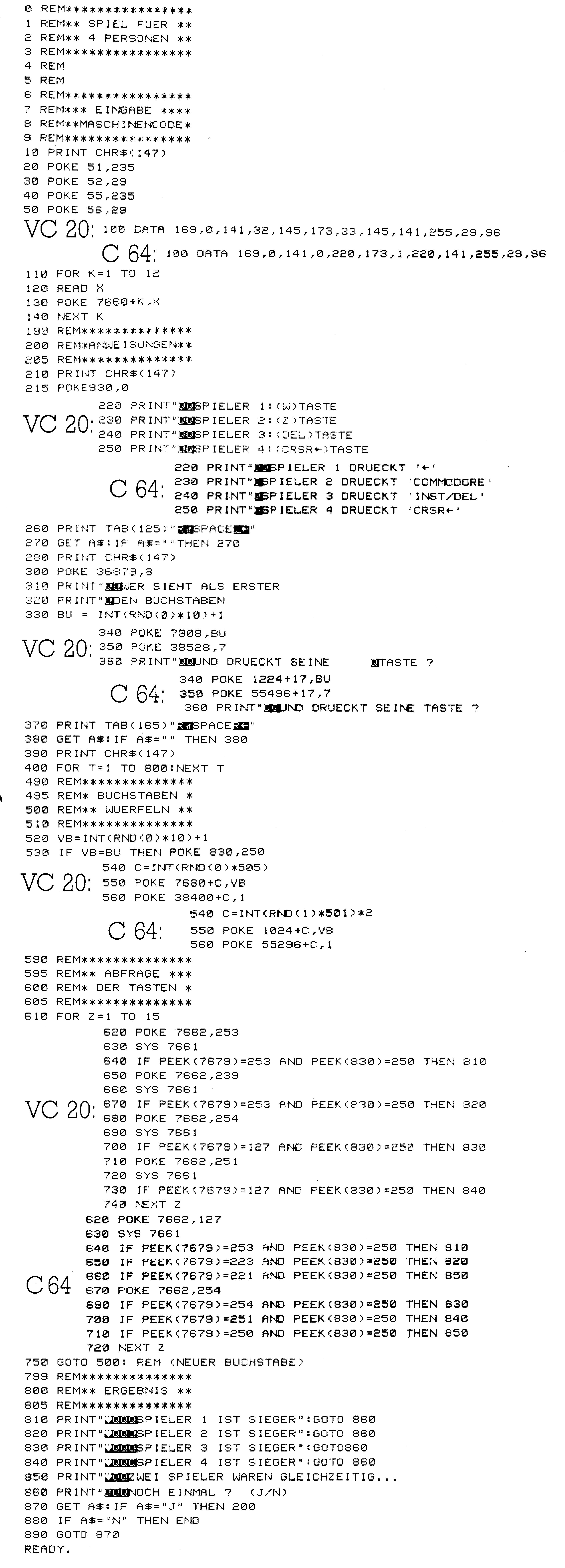 Basic-Listing eines Tastenspiels für vier Personen mit getrennten Zeilenblöcken für VC 20 und C 64, Zeilen 0 bis 890