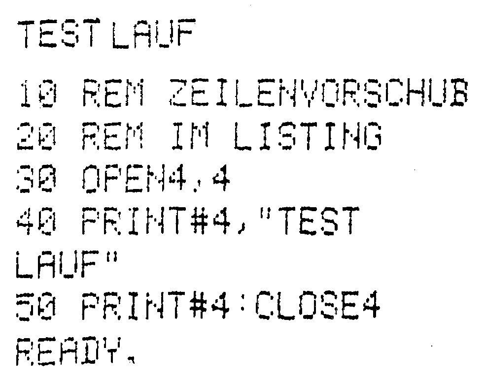 Druckerausdruck eines Basic-Programms mit REM ZEILENVORSCHUB; im Ausdruck ist »TEST LAUF« mitten im Wort umbrochen