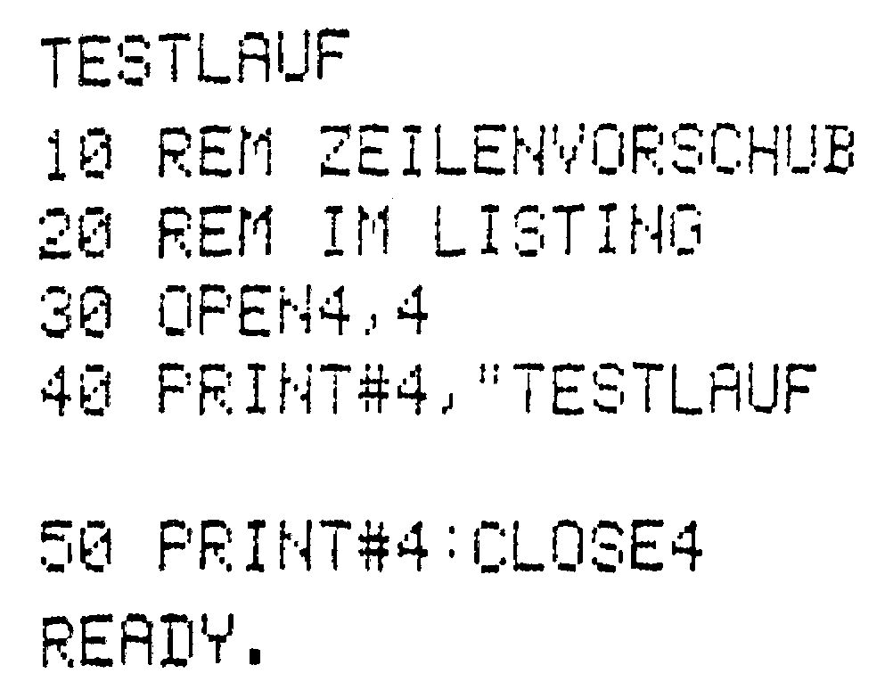 Druckerausdruck eines Basic-Programms mit REM ZEILENVORSCHUB, Kopfzeile »TESTLAUF« und einer Leerzeile vor Zeile 50