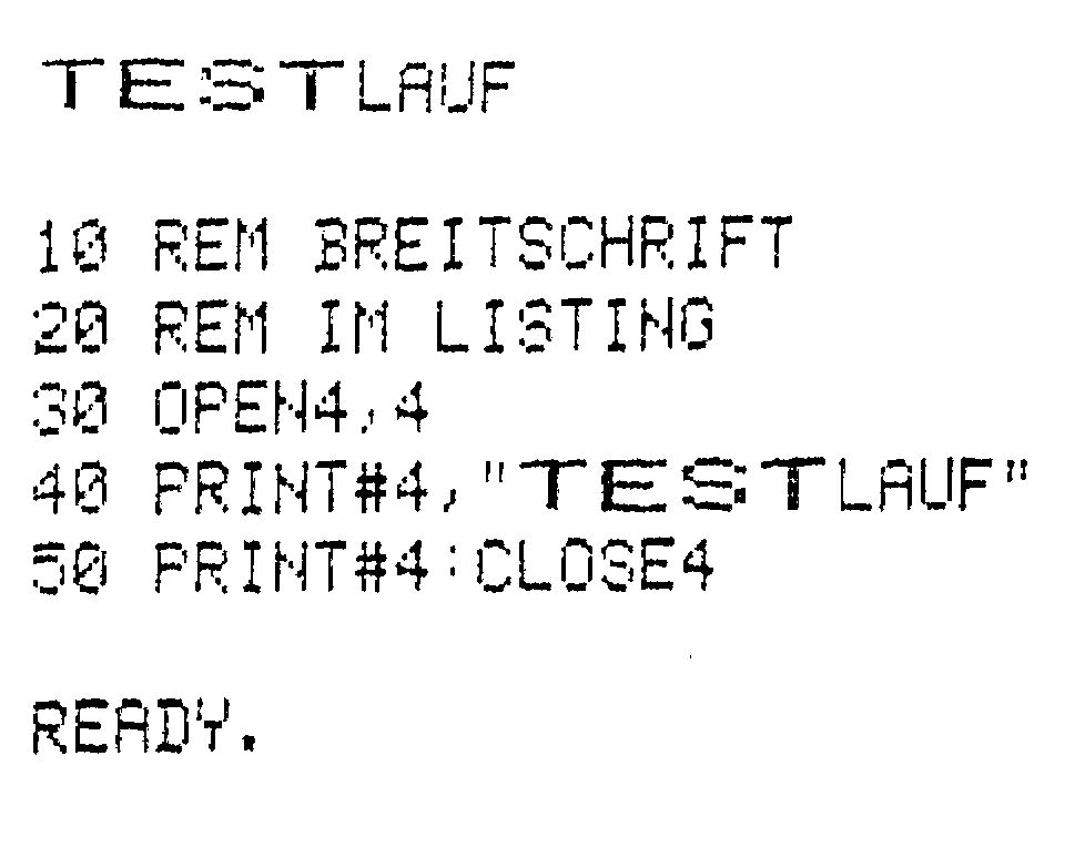 Druckerausdruck eines Basic-Programms mit REM BREITSCHRIFT; »TEST« in Breitschrift, »LAUF« in Normalschrift
