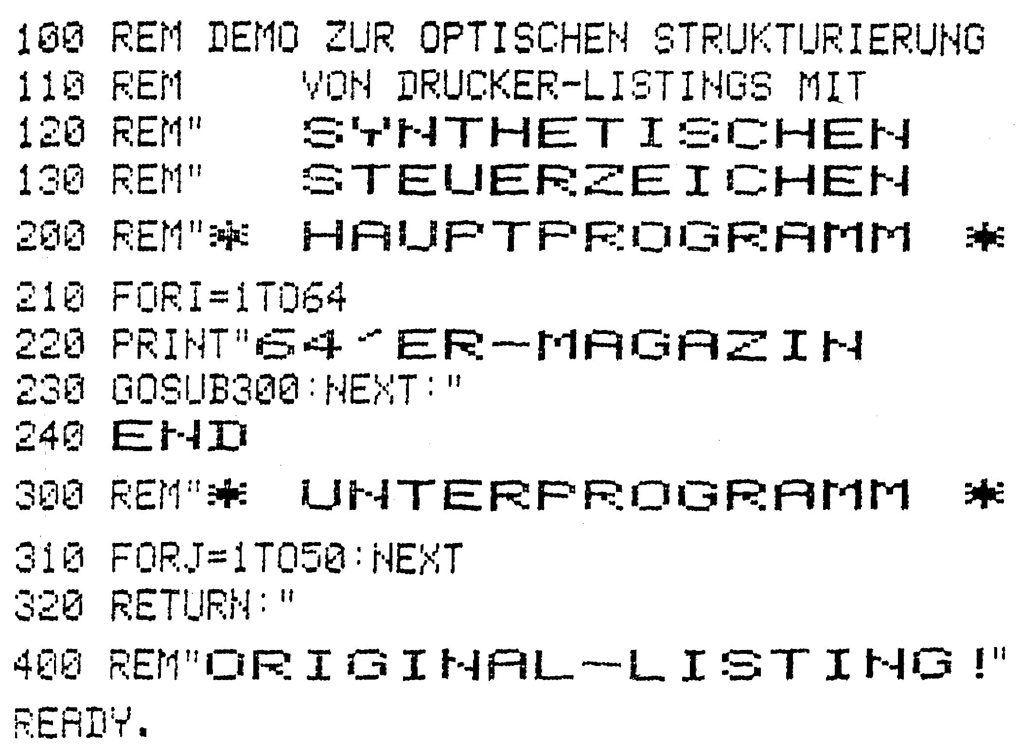 Druckerlisting eines Basic-Demoprogramms, dessen REM-Zeilen teils in Breitschrift gedruckt sind