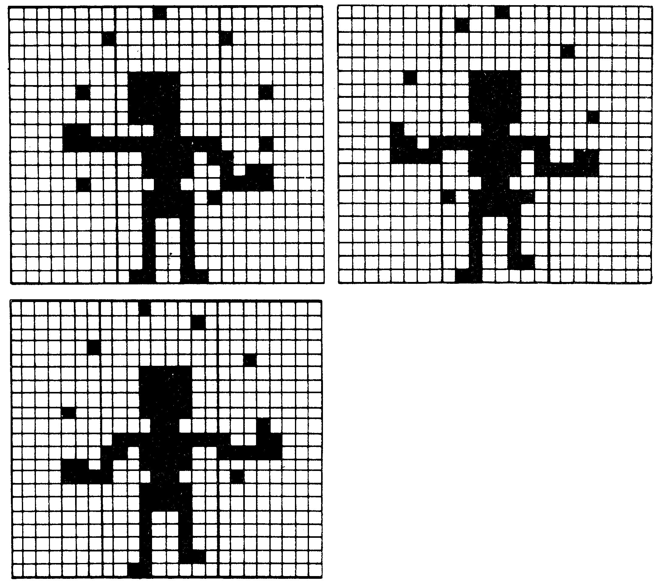 Drei Sprite-Raster mit einer schwarzen Figur mit ausgestreckten Armen und einzelnen Punkten in unterschiedlichen Positionen