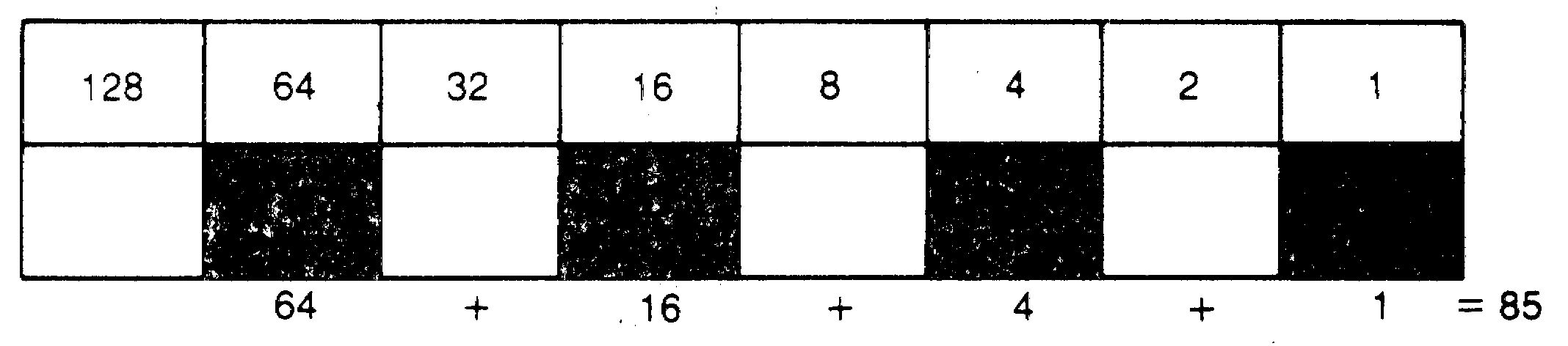 Acht Bitwert-Kästchen, darunter abwechselnd gefüllte Felder und die Summe 64 + 16 + 4 + 1 = 85