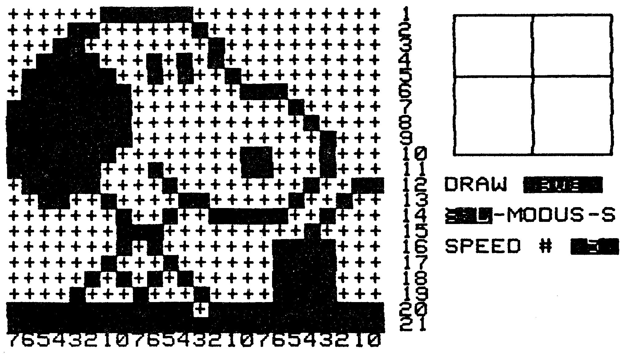Sprite-Editor-Bildschirm mit einem Raster aus Pluszeichen und schwarzen Blöcken, die eine Hundefigur bilden