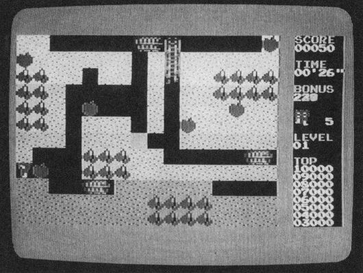 Bildschirmfoto eines Spiels auf einem Monitor: Labyrinth aus schwarzen Gängen auf hellem Grund mit Fruchtsymbolen, rechts »SCORE«, »TIME«, »BONUS«, »LEVEL« und »TOP«