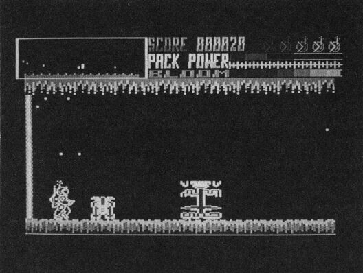 Bildschirmfoto eines Spiels: dunkler Hintergrund, oben »SCORE 000020« und »PACK POWER«, unten Figuren auf einer Bodenleiste
