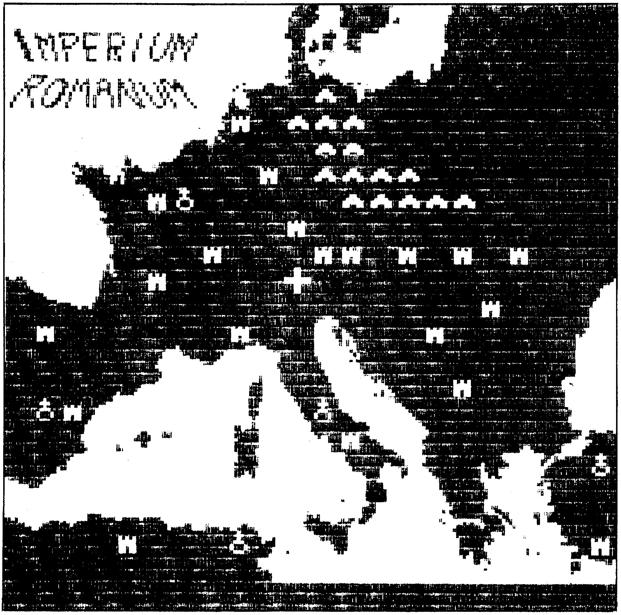 Bildschirmgrafik: Europakarte in Schwarzweiß mit Turm- und Hüttensymbolen und einem Kreuz, oben links der Schriftzug »IMPERIUM ROMANUM«