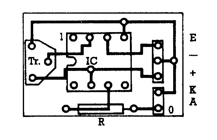 Bestückungsplan der Platine mit IC, Trimmpotentiometer »Tr.«, Widerstand »R« und den Anschlüssen E, –, +, K, A und 0