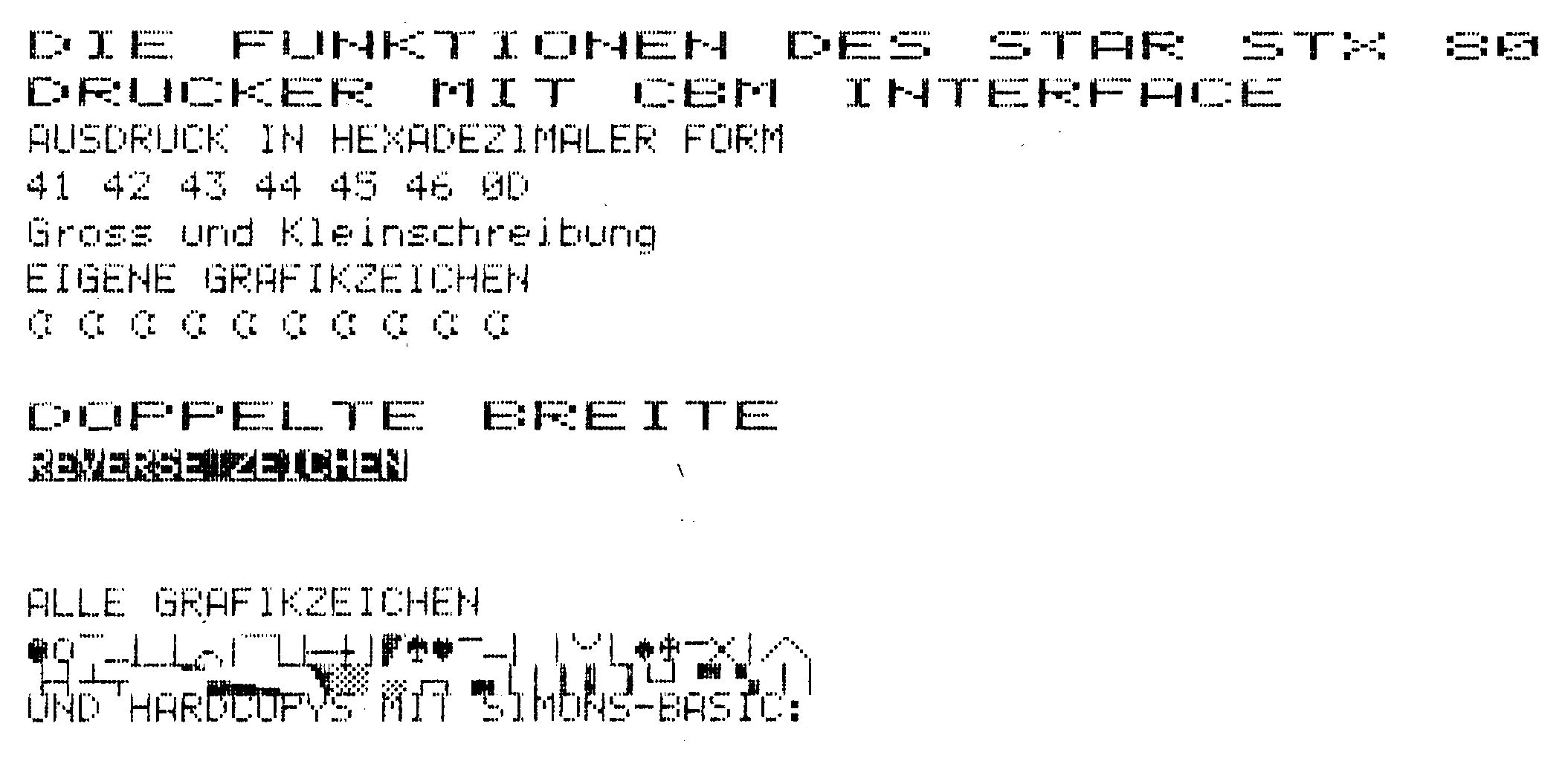 Druckprobe: »DIE FUNKTIONEN DES STAR STX 80 DRUCKER MIT CBM INTERFACE«, Hexadezimalausgabe, Groß- und Kleinschreibung, doppelte Breite, inverse Zeichen und Grafikzeichen