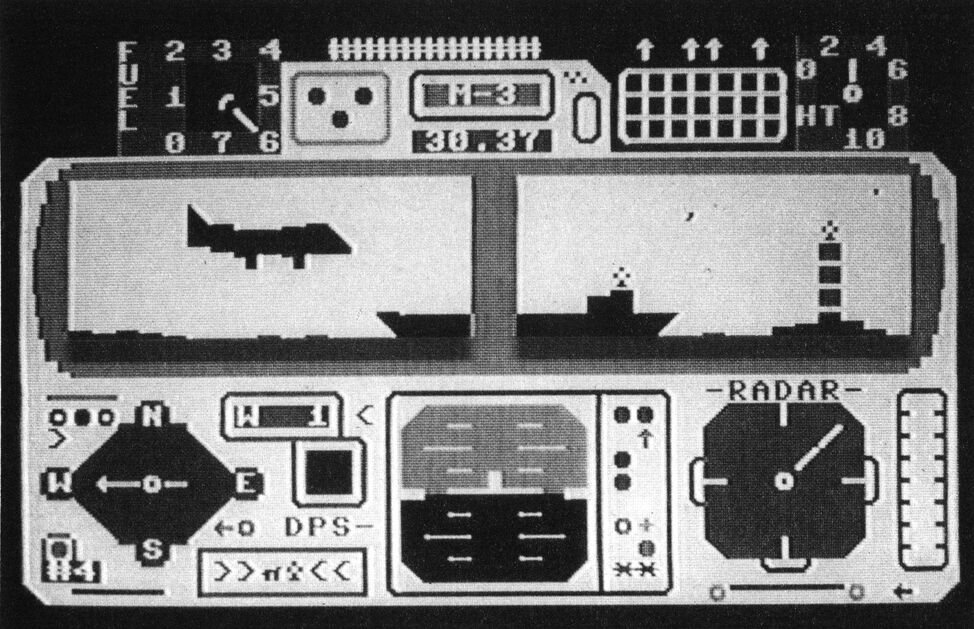 Bildschirmfoto: Cockpitanzeige aus Blockgrafik mit Tankanzeige (FUEL), zwei Sichtfenstern mit Flugzeug- und Schiffsilhouetten, Kompass, Radar und weiteren Instrumenten, Anzeigen M-3 und 30.37