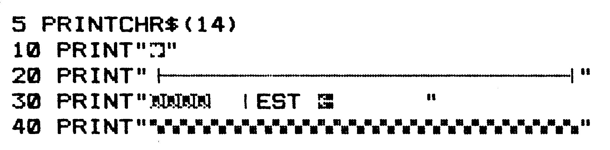 Ausgabe derselben Programmzeilen 5 bis 40, in der die Steuerzeichen als Grafiksymbole erscheinen: eine Linie in Zeile 20, Blockzeichen vor und nach »EST« in Zeile 30, eine Reihe Karozeichen in Zeile 40
