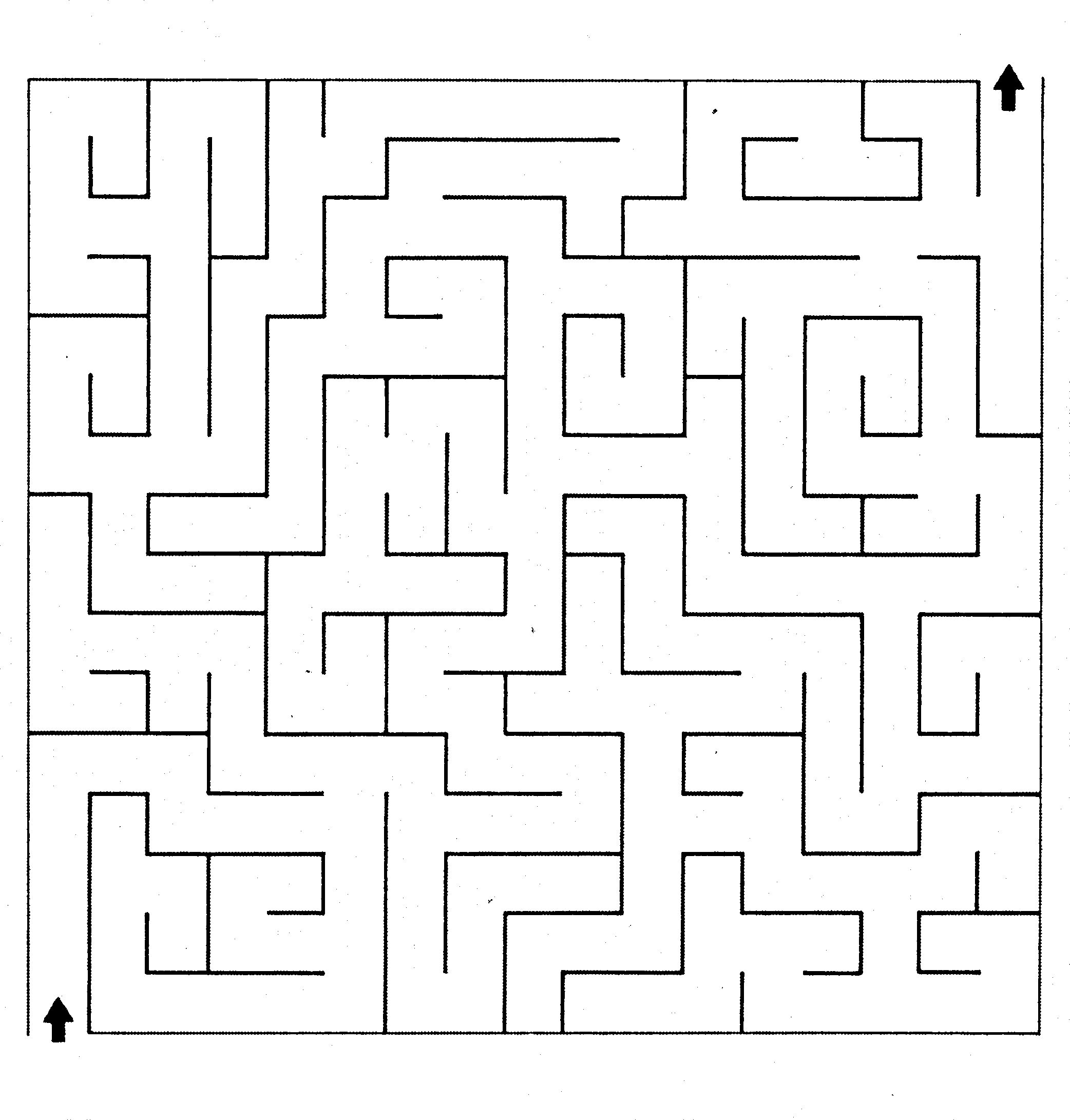 Großes rechteckiges Labyrinth, Eingang unten links und Ausgang oben rechts mit Pfeilen markiert