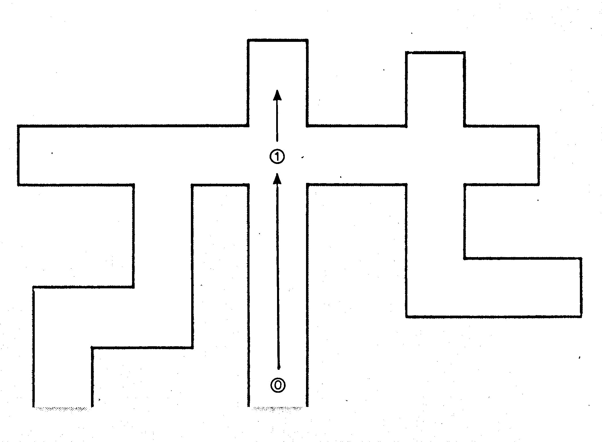 Irrgarten, im senkrechten Mittelgang ein Pfeil von Position 0 nach Position 1