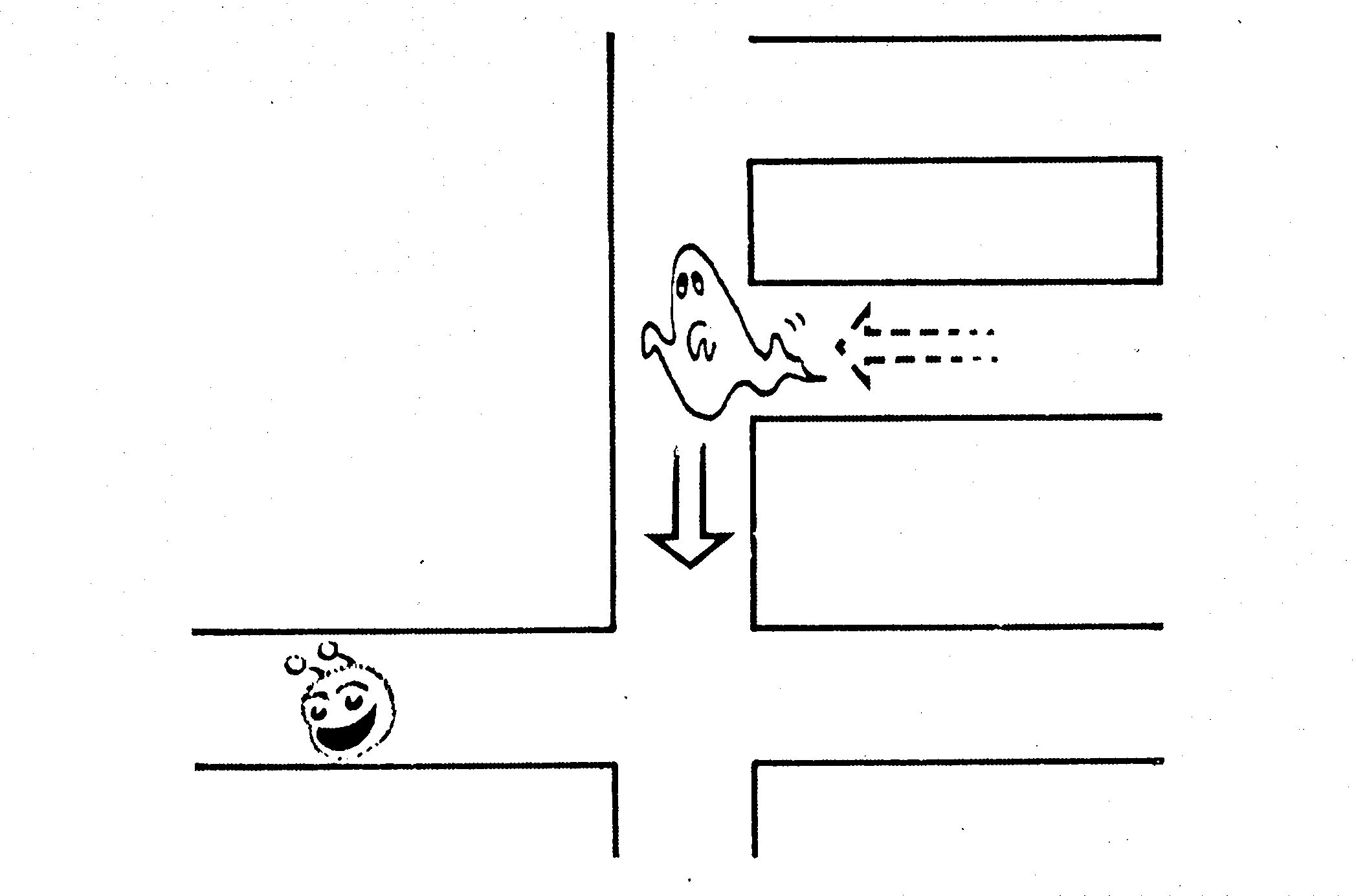 Gezeichnete Gänge an einer Kreuzung: ein Gespenst mit Richtungspfeilen, links im Seitengang eine Pacman-Figur