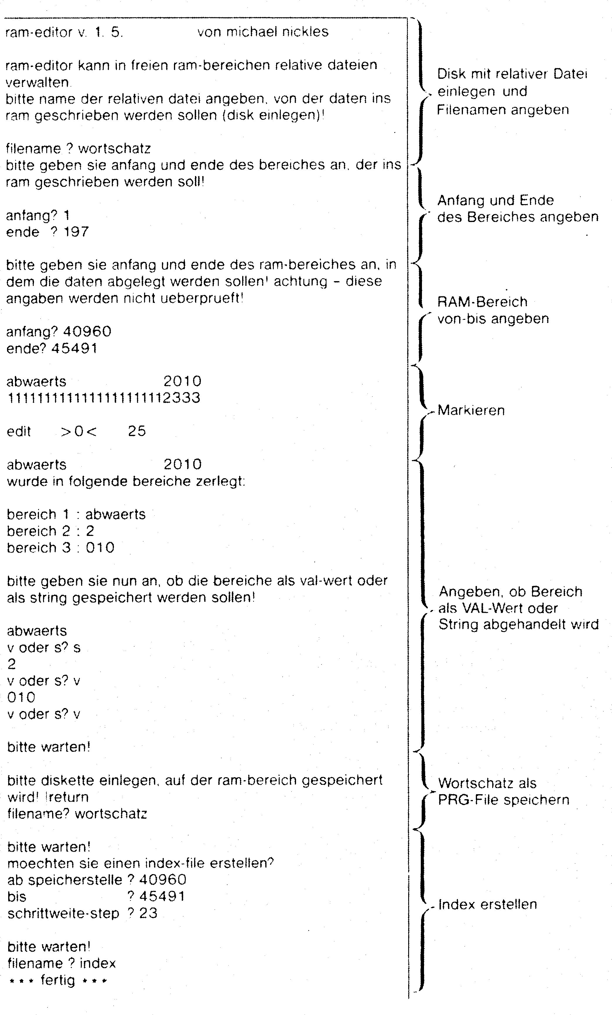 Bildschirmprotokoll des RAM-Editors v. 1. 5. von der Eingabe des Dateinamens bis »fertig«, rechts mit Klammern zusammengefasste Erläuterungen