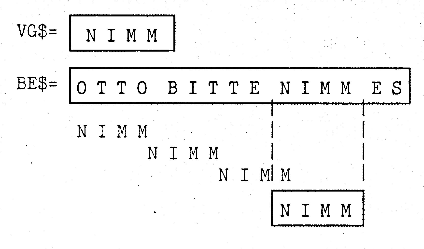 NIMM über OTTO BITTE NIMM ES, darunter schräg versetzte Kopien von NIMM und gestrichelte Linien zum Treffer