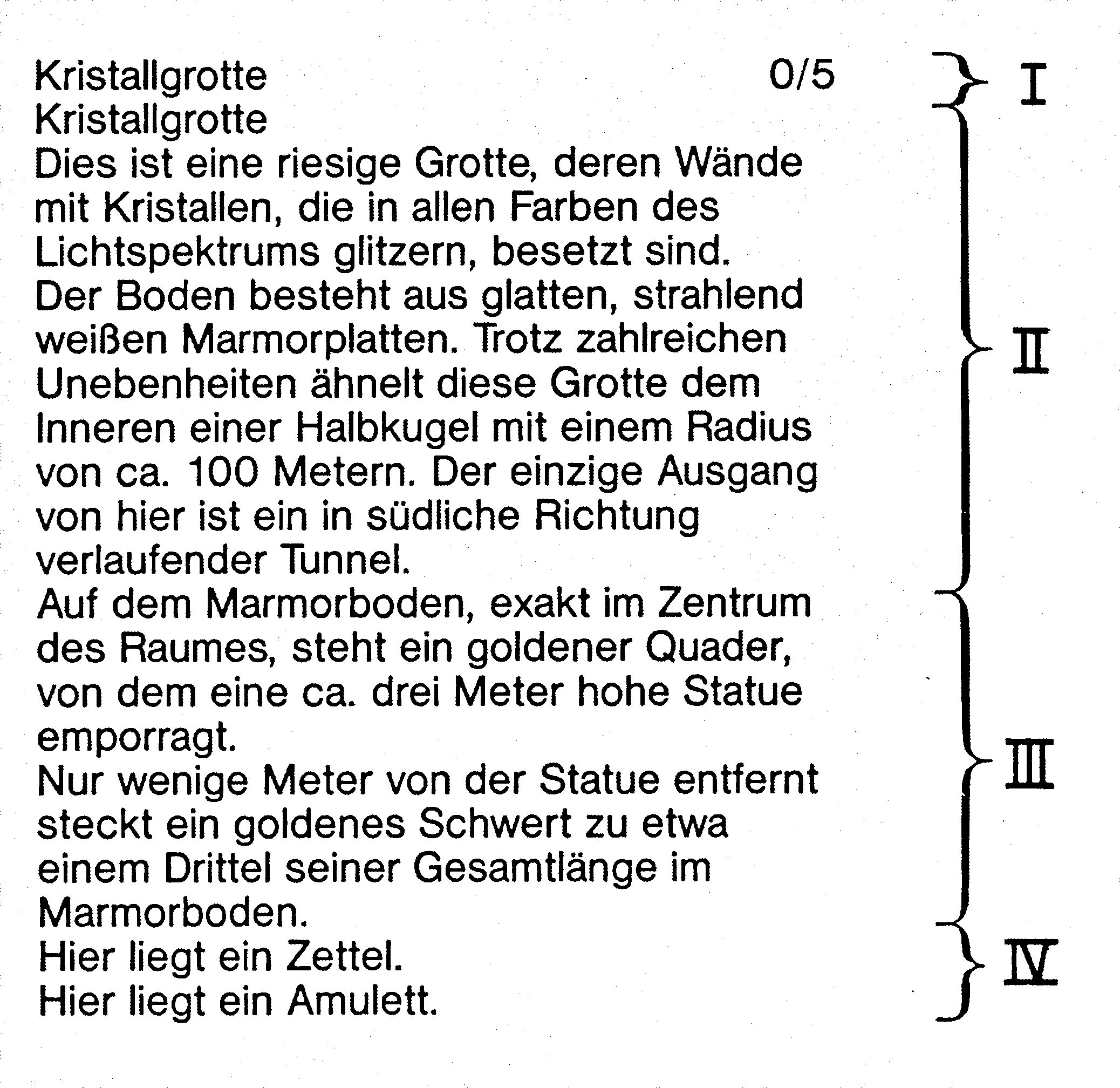 Raumbeschreibung der Kristallgrotte, rechts mit Klammern in die Abschnitte I bis IV gegliedert
